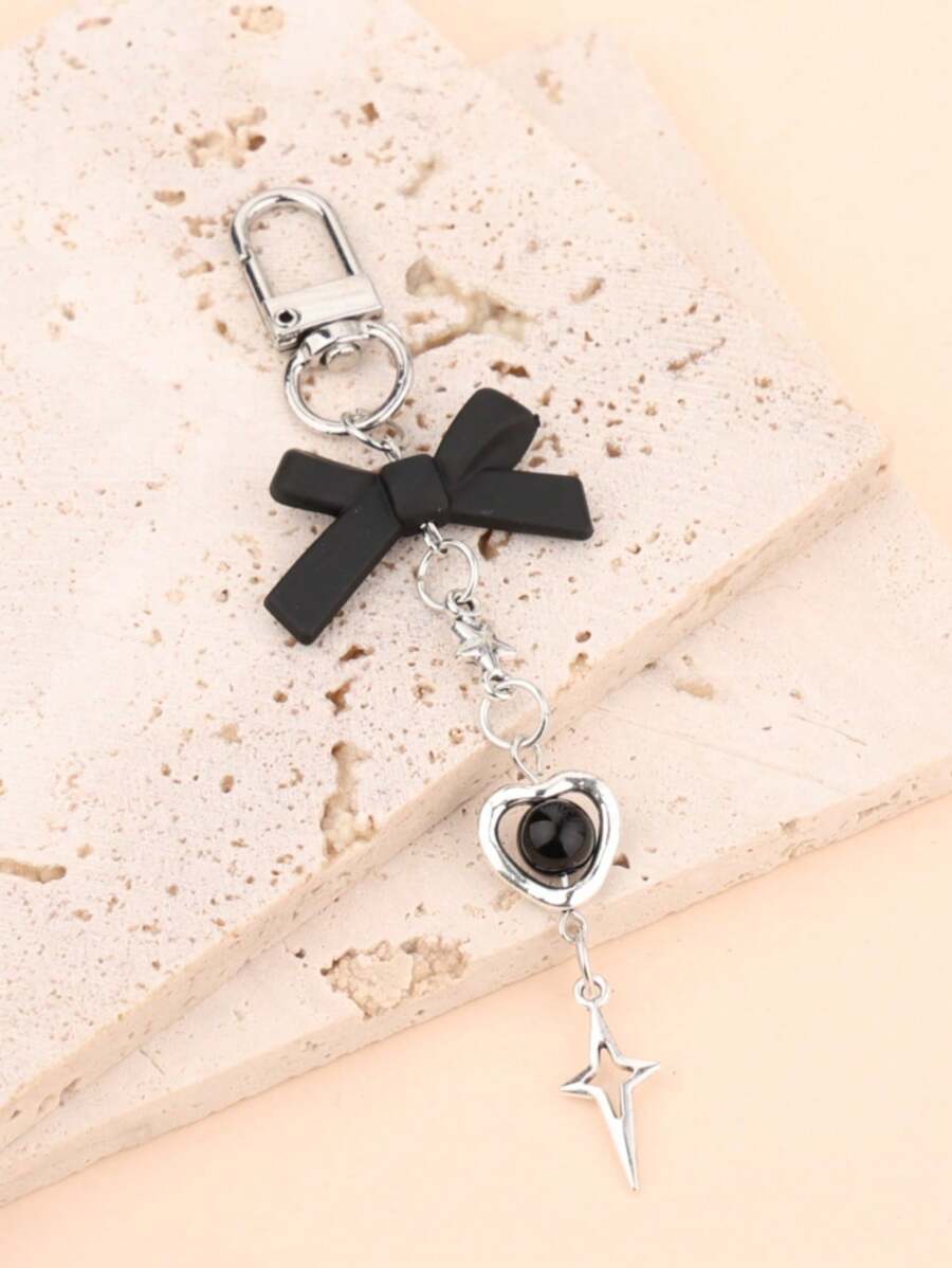 1 件男女通用可爱蝴蝶结心形和星星吊坠钥匙扣金属饰品适用于手机包时尚礼物伴娘礼物蝴蝶结 Y2K 配饰 - 黑色 - 查看 1
