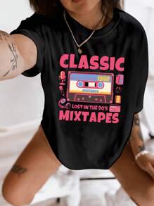 Plus Size Crew Neck Short T-Shirt Simple Letters Music Festival Radio CLASSIC MITXTAPES Casual Everything Perfect For Sports Everyday Wear Perfect For Spring And Summer
