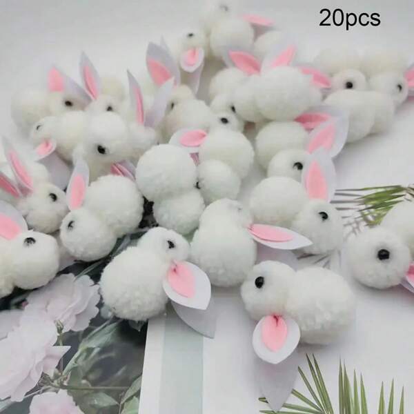 Muñecas de conejito de pompones blancos - Figuras de conejo de tela de mezcla de lino, accesorios de manualidades artesanales, bonitos adornos para pinza de pelo para Año Nuevo, coleccionables de temática anime, ideales para Pascua, sin electricidad necesaria