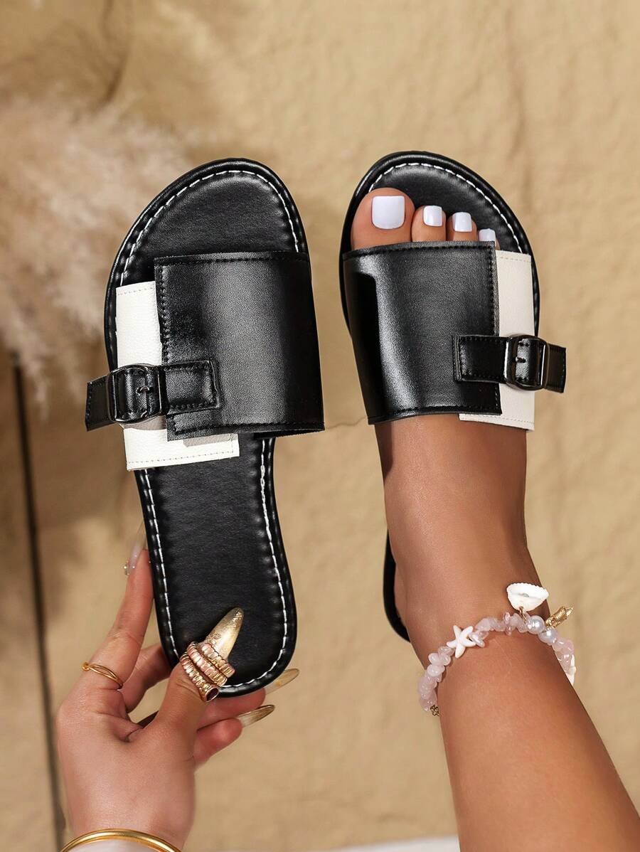 Damen neue Sommer Schnallen Flache Sandalen, Göttin sexy sanfter Stil, runde Zehenpartie bequeme Sandalen