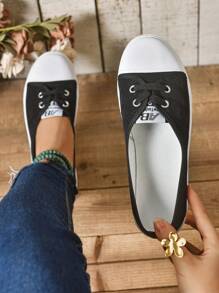 Women's White Casual Canvas Slip-On Sneakers With Lace Decor, Round Toe, Flat Sole, Spring/Autumn - Black - View 4