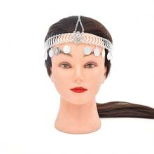 1pc Vintage European-American Geometric Headdress With Rhinestone Metal Coin & Tassel Pendant Hair Accessory - Silver - View 8
