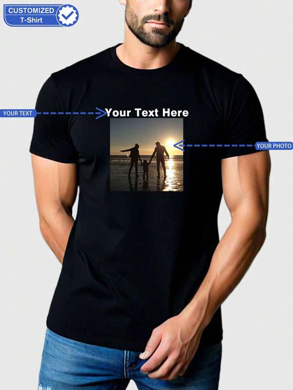 Camiseta personalizada para hombres, incluye texto/bendición/mensaje divertido, sube tu foto/amigo/amante, camiseta negra, regalo de vacaciones, aniversario, equipo de la empresa, outfit de festival de música, para él, camisa corta de cuello redondo para primavera/verano, Outfit para fiestas, manga corta negra para hombre