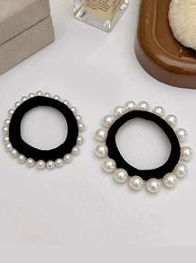 Élégants liens de cheveux élastiques en faux perles et nœud papillon pour femmes, nouveau modèle 2024. Accessoires de cheveux en polyester, supports de queue de cheval, élastiques à cheveux, bandes de caoutchouc pour cheveux, chouchous, corde à cheveux, accessoires de tête élastiques - Multicolore - Voir 9