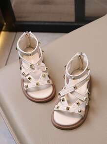 1 双儿童女童时尚平底凉鞋，夏季儿童罗马鞋带金属扣公主鞋 - 白色 - 查看 2