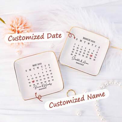 Personalized Ring Dish, Jewelry Dish For Couple, Married Calendar Date Ring Plate, Wedding Gift For Friend, Ceramic Keepsake For Newlyweds Gifts Birthday Graduation