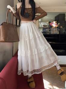 White Lace Trim Cake Skirt For Women, High Waist Slimming A-Line Mid-Length Skirt, Spring 2026 New Arrival