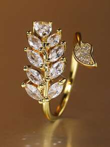 1pc Wheat Ear & Leaf Open Ring, Luxury Cubic Zirconia Copper Ring In Gold/Silver Color, Suitable For Women Everyday Wear, Applicable For Anniversary, Party, Gathering And Special Occasions - Multicolor - View 5
