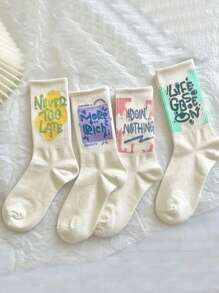 5 Pairs Random Letter Print Sports Socks, Unisex