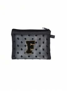 1 pieza Bolsa de malla transparente con forma de corazón linda, Mini bolsa de almacenamiento - Toalla con inicial bordada de la A a la Z, Bolsa cosmética portátil multifuncional para viajes, Bolsa de almacenamiento para maquillaje, cuidado de la piel y lápiz labial, Bolsa de cremallera de malla, Organizador de maquillaje para viajes