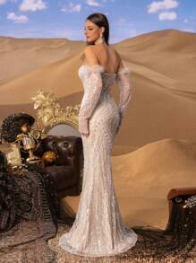 Faeriesty Haute Glamour Luxury Off Shoulder Split Mermaid Hem Graphic Sequin Beaded Formal Dresses & Evening Gowns Party Wedding Elegant - Champagne - View 7