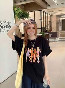 T-shirt da donna con motivo di cinque ragazze sexy, stile coreano, cartone animato, estiva, oversize, larga, primavera, casual, quotidiana, adorabile, moda 2025, manica corta, top