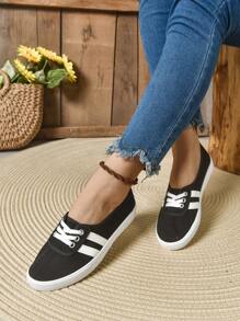 Zapatillas de lona planas con cordones, puntera redonda y slip-on de mujer, zapatos deportivos casuales, color blanco, para primavera y otoño