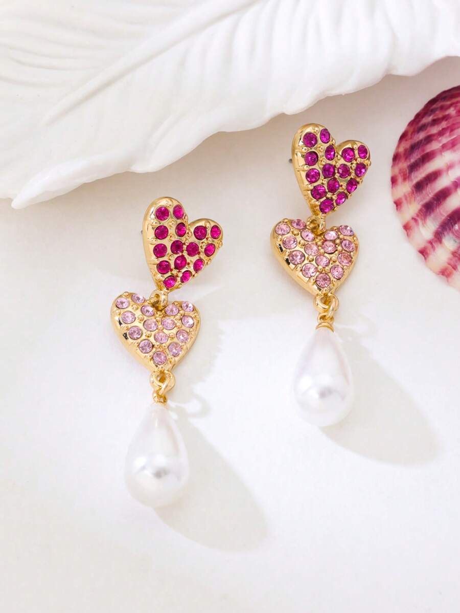 1 对女士粉色心形和水滴形珍珠吊坠耳环 - 彩色 - 查看 1