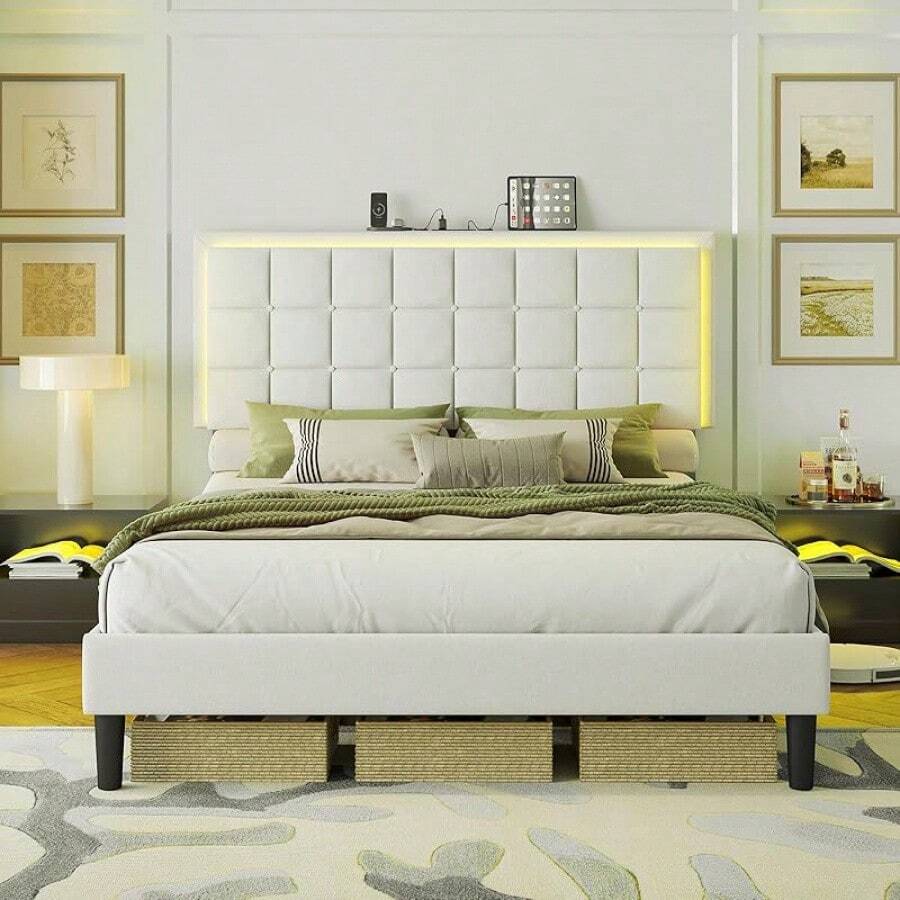 Button Tufted Upholstered Platform Bed Frame With LED Lights, Charging Station, And Wood Slat Support – No Box Spring Required