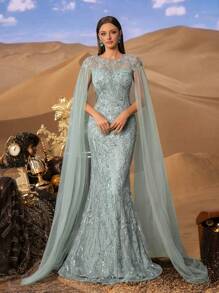 Faeriesty Haute Glamour Formal Women's Evening Dress With Round Neck, Oversized Long Sleeves, And Elegant Mermaid Hemline. Perfect For Wedding Banquets, Charity Galas, Award Ceremonies, Opera Nights, And High-End Business Dinners.