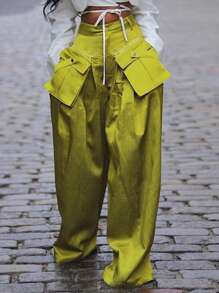 女装春夏新款时尚女士休闲裤可拆卸立体口袋阔腿裤，演唱会女装，狂欢节女装，女士街头服饰 - 綠色 - 查看 1