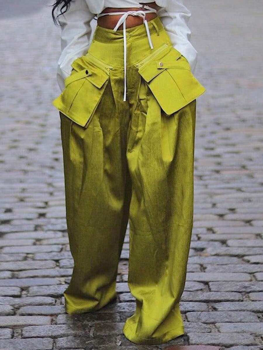 女装春夏新款时尚女士休闲裤可拆卸立体口袋阔腿裤，演唱会女装，狂欢节女装，女士街头服饰 - 綠色 - 查看 1