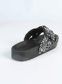 新款ROULVXIANG热销女士休闲家居户外拖鞋沙滩人字拖防水黑钻闪光厚底女士家居拖鞋平底凉鞋 - 黑色 - 查看 7