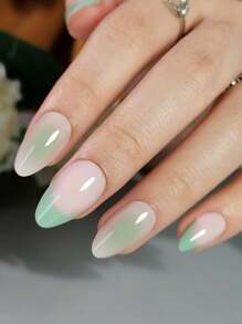 24 件短款杏仁绿色人造按压指甲，扎染法式指甲尖，清新设计适合女孩/女士度假、派对、办公室穿着，包括双面胶带和指甲锉 - 綠色 - 查看 2