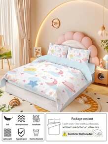 4pcs/Set Cartoon Cute Blue Tone Planet Series Bedding Set Including 1pc Duvet Cover, 2pcs Pillow Shams, 1pc Flat Sheet, Without Comforter And Pillow Inserts, Soft Fabric With Star, Moon, Rainbow, Cloud Patterns, Suitable For Kids & Adults Bedroom, Hotel, Dorm Room Decor