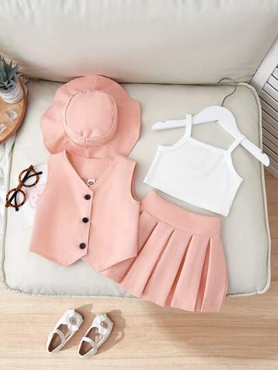 4件套夏季女童时尚度假套装：V领上衣、背带裤、百褶裙和时尚帽子
