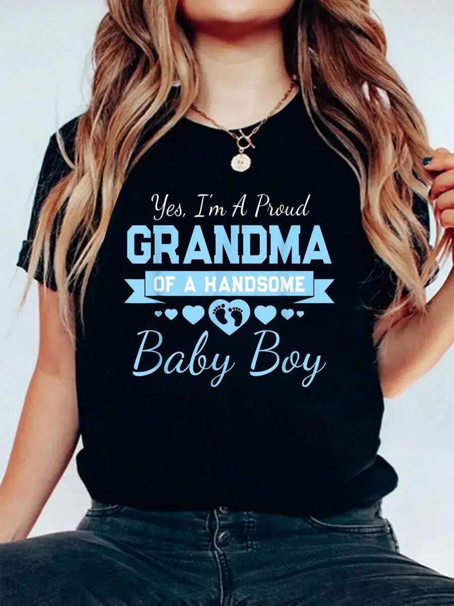 New Baby Announcement Boy 1st Time Grandma T-Shirt Cotton Graphic Tee For Women, Round Neck Short Sleeve Casual Tops