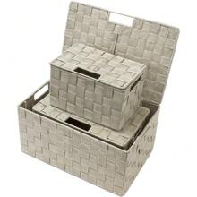 Storage Basket With Lid, Mesh Hand-Woven Basket, Decorative Storage Boxes With Lids, Wicker Basket Organizers For Storage (Variety Pack Of 3 - Black) - Beige - View 5