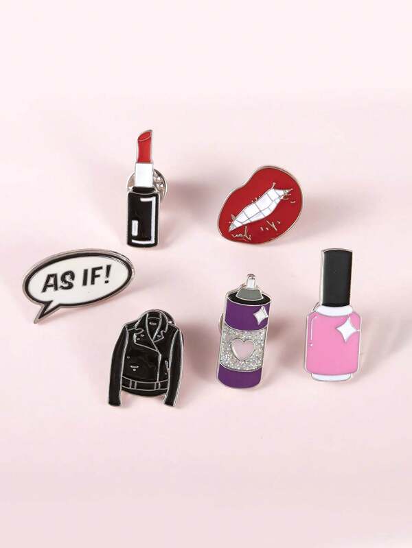 Set de 6 broches con diseños de maquillaje adorables - perfume, lápiz labial, esmalte de uñas, labios rojos, estilo INS chico, accesorios de moda con temática Y2K, adecuados para bolsas de maquillaje, mochilas, decoración diaria, excelentes como regalos para novias y cosmetólogas