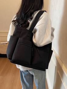 1 件黑色多口袋手提包，简约设计，轻巧实用，大容量女士单肩包，学院/大学生包，时尚休闲百搭帆布手提包，方便旅行和日常使用，纯色手提包，轻松搭配各种服装 - 黑色 - 查看 2