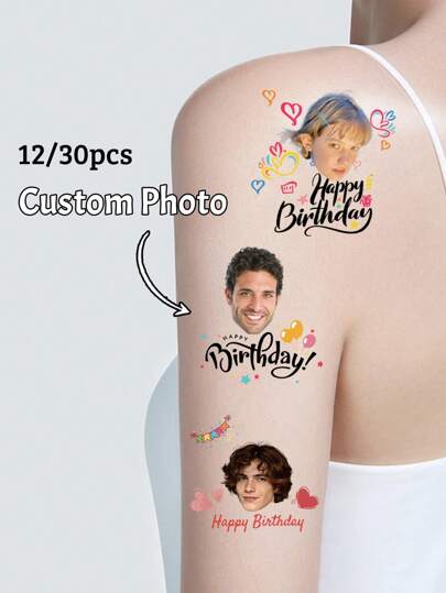 12/24/30/60/120/150/300pcs Custom Happy Birthday Photo Tattoo, Custom Temporary Tattoo Stickers, Personalized Photo Tattoo Stickers,Personalized Picture Tattoo Stickers, Custom Valentine's Day Gifts, Suitable For Various Parties Such As Birthday Celebrations,Multi-Functional,Ornamental,Letter,Solid Color,Exquisite,Stylish,Vintage,Modern,Colorful,Leisure,Basics,Casual,Soft,Unique,Customized,Personalized,Custom,Ideal Gifts For Her,Girlfriend,Her,Boyfriend,Friends,Chic Autumn