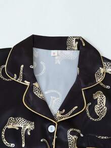 2pcs/Set Satin Comfy Black & Golden Polka Dot Leopard Print Lapel Single Breasted Short Sleeve Top And Bowknot Shorts Women Pajama Set, Suitable For Home Use Spring/Summer, Two Pieces Set - Black - View 3