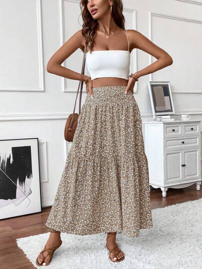 Women's Long Ditsy Floral Skirt, Casual Elastic Waist With Pockets, Ruffle Hem, A-Line Skirt For Summer Vacation Spring