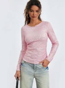 Women Long Sleeve Tops Sequins Basic Shirt Casual Pullover For Fall Club Streetwear Aesthetic Clothes - Hồng - Xem 6