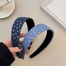1pc New Denim 5-Pointed Star Wide Headband, 2025 Viral Net Celebrity Hair Accessory, High Crown Sponge Design