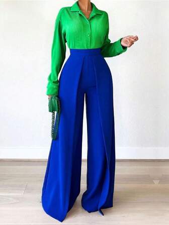 Women High-Waisted Pleated Wide Leg Loose Elegant Solid Color Pants