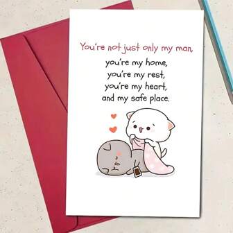 1 st romantiskt alla hjärtans dag gratulationskort, högkvalitativt papper, med söt kattillustration, innehåller kuvert, för par, make, fru, till födelsedag, jubileum, semester, universell mottagare