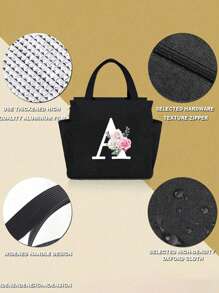 White Letters A~Z Printed With Flowers Lunch Bag For Women Men,With A Black Cutlery Storage Bag, Leakproof Insulated Soft Large Lunch Cooler Bag - Reusable Lunch Bag ,Solid Color Tableware Storage , Leak-Proof Portable Fabric Tableware Bag
