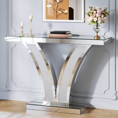  LITTLE TREE Mirrored Console Table, Modern Sliver Entryway Sofa Table With Crystal Inlay Frames For Living Room, Hallway, Foyer