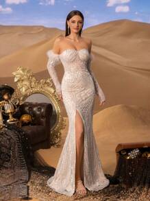Faeriesty Haute Glamour Luxury Off Shoulder Split Mermaid Hem Graphic Sequin Beaded Formal Dresses & Evening Gowns Party Wedding Elegant - Champagne - View 6