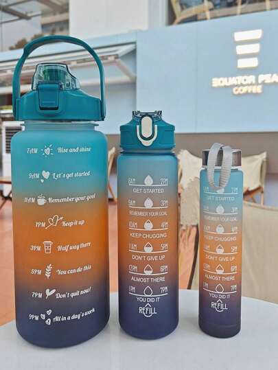 1pc 2L Or 750ml Or 300ml Large Capacity Rose Gradient PC Water Bottle With 3D Stickers Sports And Fitness Portable Straw Cup, Suitable For Outdoor Travel(3D Random Pattern)