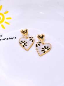 1 对精致油滴心形和花朵装饰耳钉，奢华女士耳环，适合作为送给女朋友/妻子的礼物 - 彩色 - 查看 4