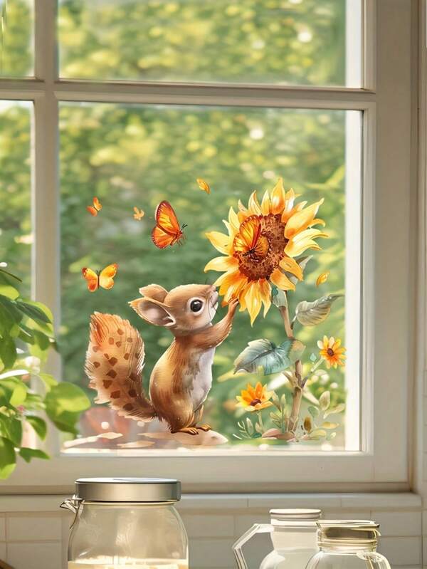 1 pieza Adhesivo de ventana de ardilla con estilo campestre, apto para decoración de ventanas del hogar en cocina, dormitorio y baño, adhesivo de vinilo para decoración de hogares, decoración de habitaciones, decoración de baños, decoración de dormitorios, decoración de salas de estar, decoración de casas