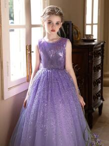 少女紫色亮片奢华连衣裙，蓬松薄纱生日/婚礼派对礼服 - 紫色 - 查看 5
