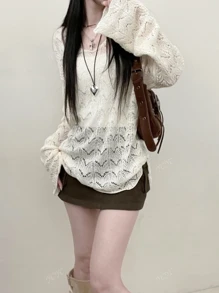 V-Neck Hollow Out Knit Sweater Loose Casual Lightweight Long Sleeve T-Shirt