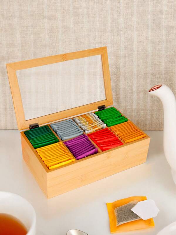 Casa Litus Caja Organizadora para Té Fabricada 100% con Madera de Bambú, 8 Compartimentos, Diseño Minimalista, Compacto y Multifuncional, Caja de Almacenamiento para Tisanas