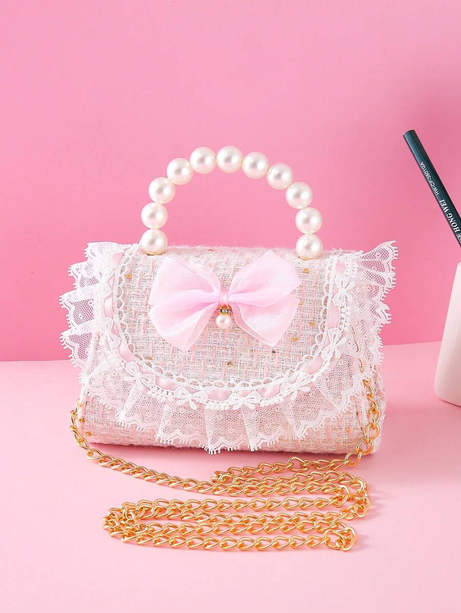 1 件儿童蕾丝边串珠蝴蝶结装饰梯形 PU 和亚麻材料翻盖闭合时尚可爱串珠手提包，适合女孩的多功能单肩包和斜挎包，适合生日、圣诞节、日常使用 - 梯形褶邊蝴蝶結 - 查看 1