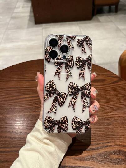 1pc Transparent TPU Silicone Mobile Phone Case, Full Protection Camera, Leopard Print & Bow Design, UV Printing, Fit For IPhone 16/16Pro/16Plus/16ProMax/7/7P/8/8P/X/XR/XSMax/11/11Pro/11ProMax/12/12Pro/12Mini/12ProMax/13/13Pro/13ProMax/14/14Pro/14Plus/14ProMax/15/15Pro/15Plus/15ProMax Waterproof Shockproof Anti-Fall Scratch Resistant