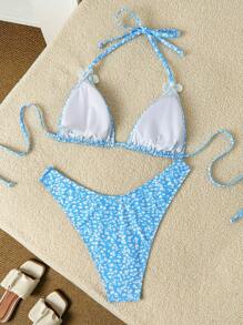 女式新款时尚性感清新针织碎花装饰露背系带聚拢碎花印花两件套比基尼泳装套装 - 藍色 - 查看 2