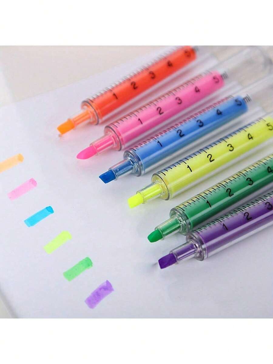 6pcs Vibrant Syringe Highlighters - Smooth Writing, Long-Lasting Ink - Perfect For Students & Professionals - Assorted Bright Colors, Office & School Supplies Set Back To School - Multicolor - View 1